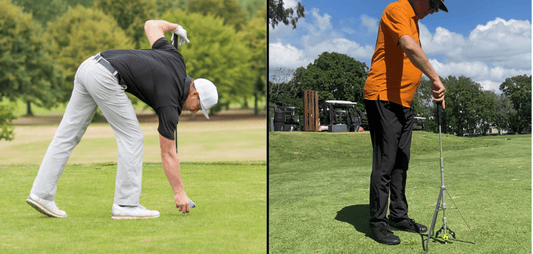 Split screen of person bending over to tee up and person using t-up assist and not bending over to tee up